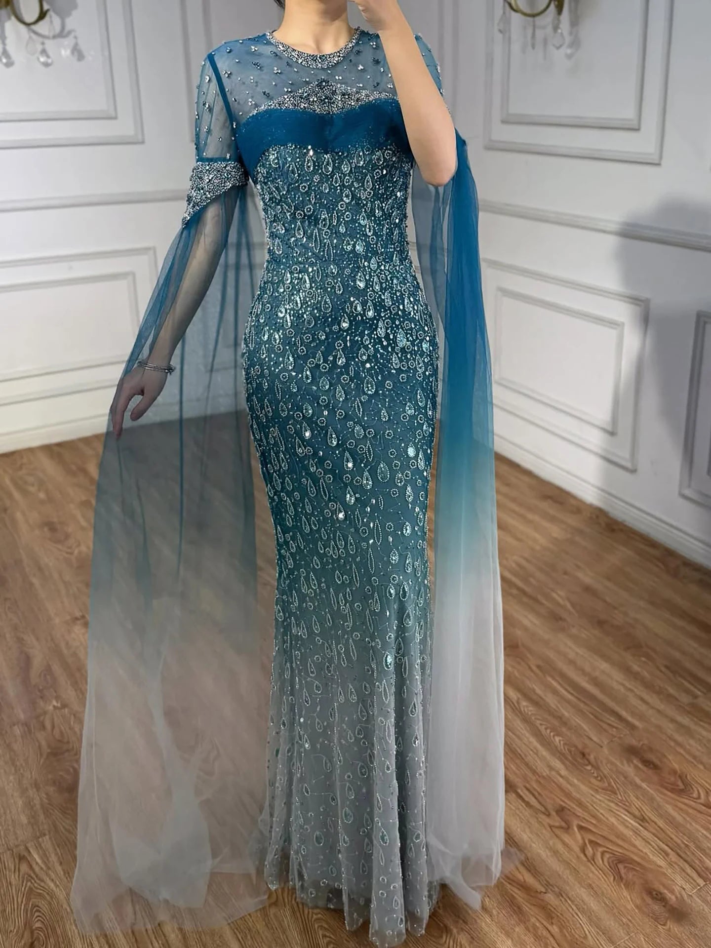 Luxury Arabic Gradient Green Mermaid Evening Dress With Cape LA73414 - SERENE HILL