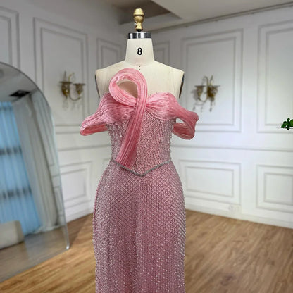 Luxury Pink Off Shoulder Mermaid Evening Dress with Bow LA73058 - SERENE HILL
