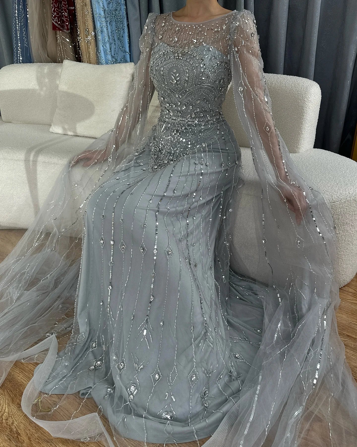 Luxury Designer Blue Beaded Stone Arabic Evening Dress With Cape Sleeve LA72635 - SERENE HILL
