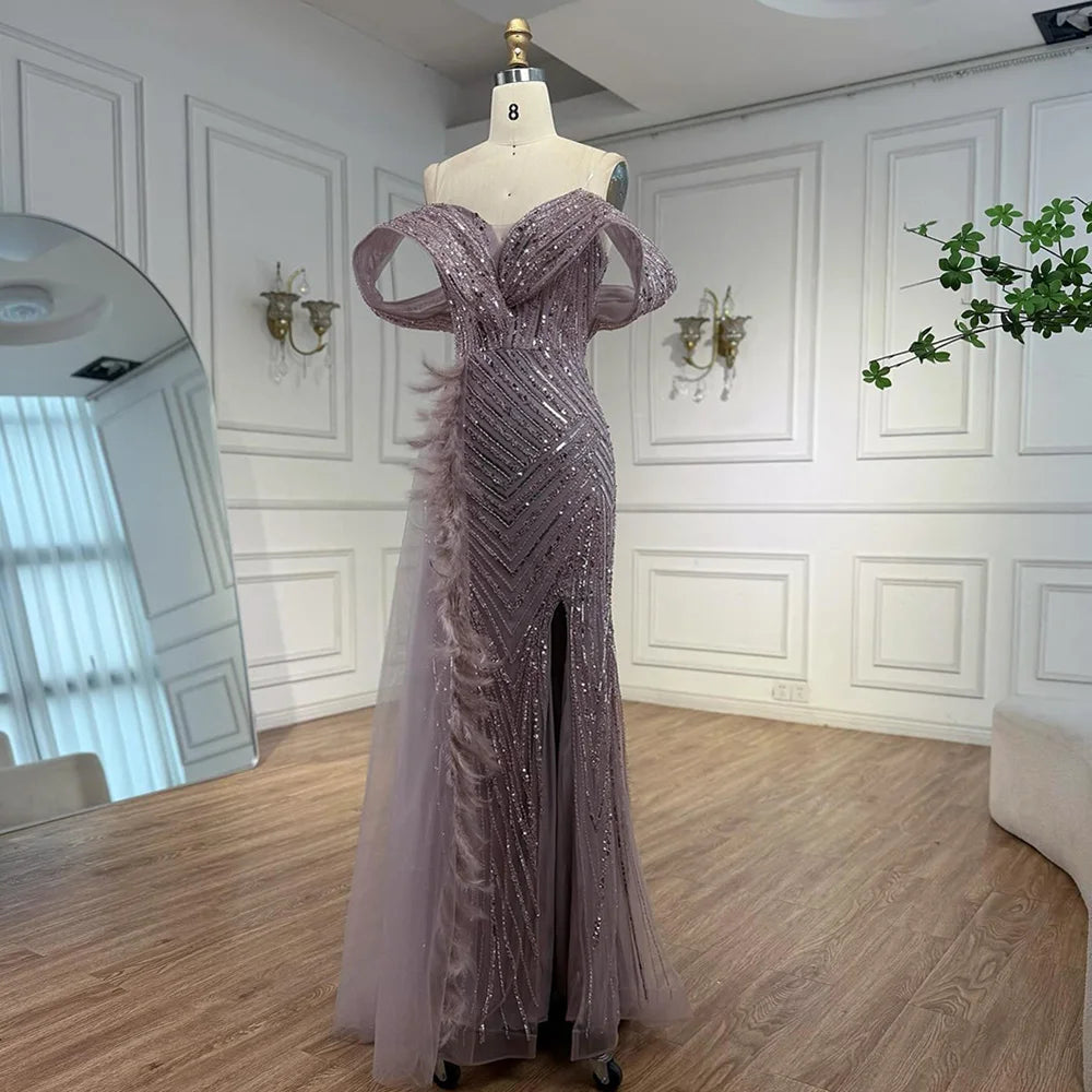 Luxury Pink Off Shoulder Beaded Feather Mermaid Evening Dress LA73111 - SERENE HILL