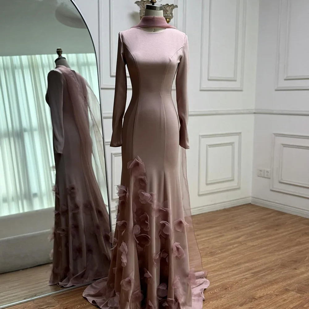 Luxury Pink 3D Flower Evening Dress Long Sleeves LA72954 - SERENE HILL