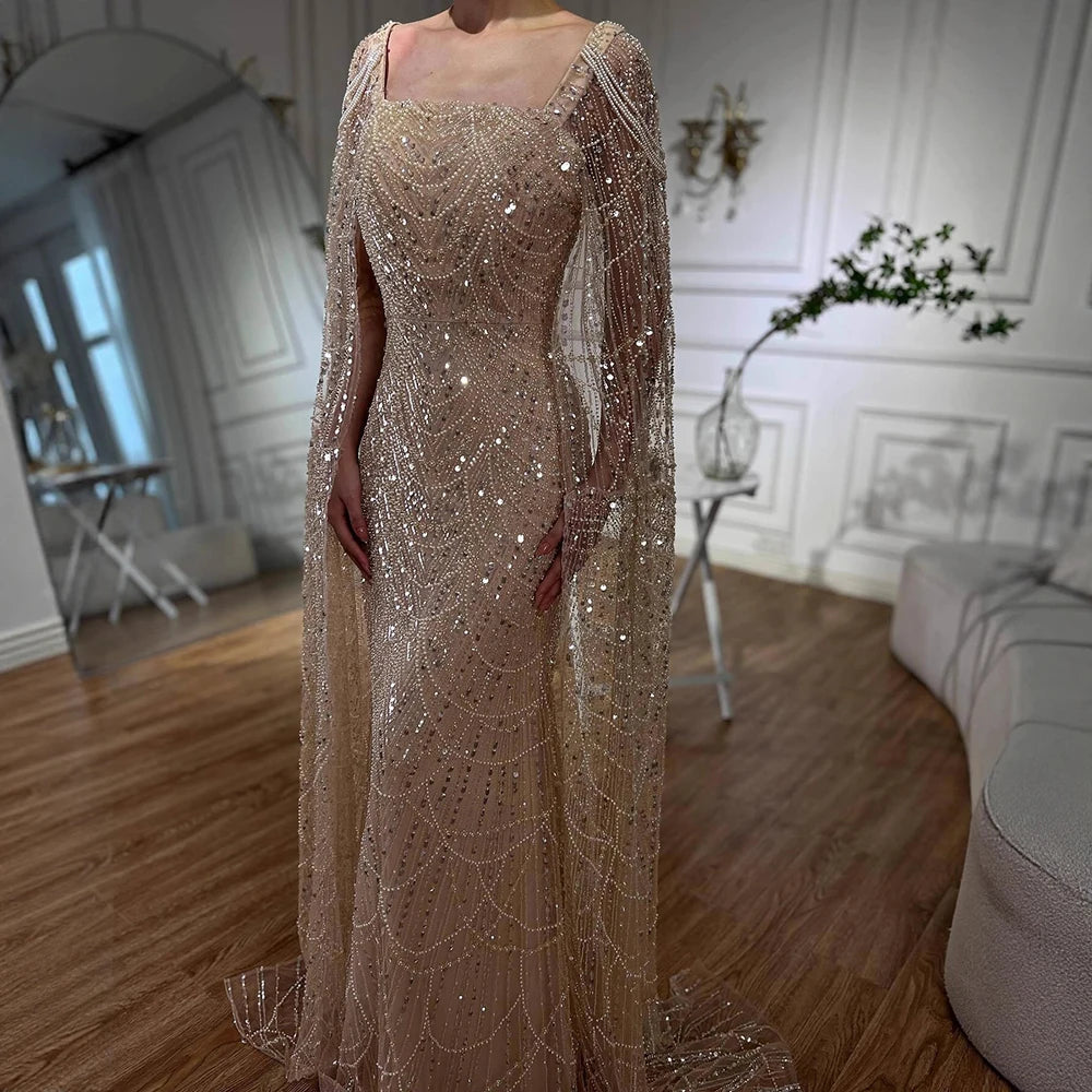 Luxury Turquoise Beaded Pearl Arabic Evening Dress with Cape Sleeves LA72590 Turquoise / 6