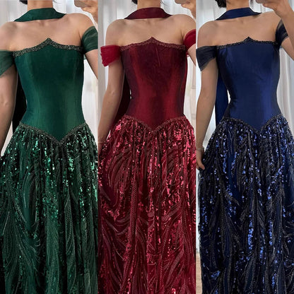 Luxury Arabic Navy A-Line Evening Dress with Beaded LA73050 - SERENE HILL