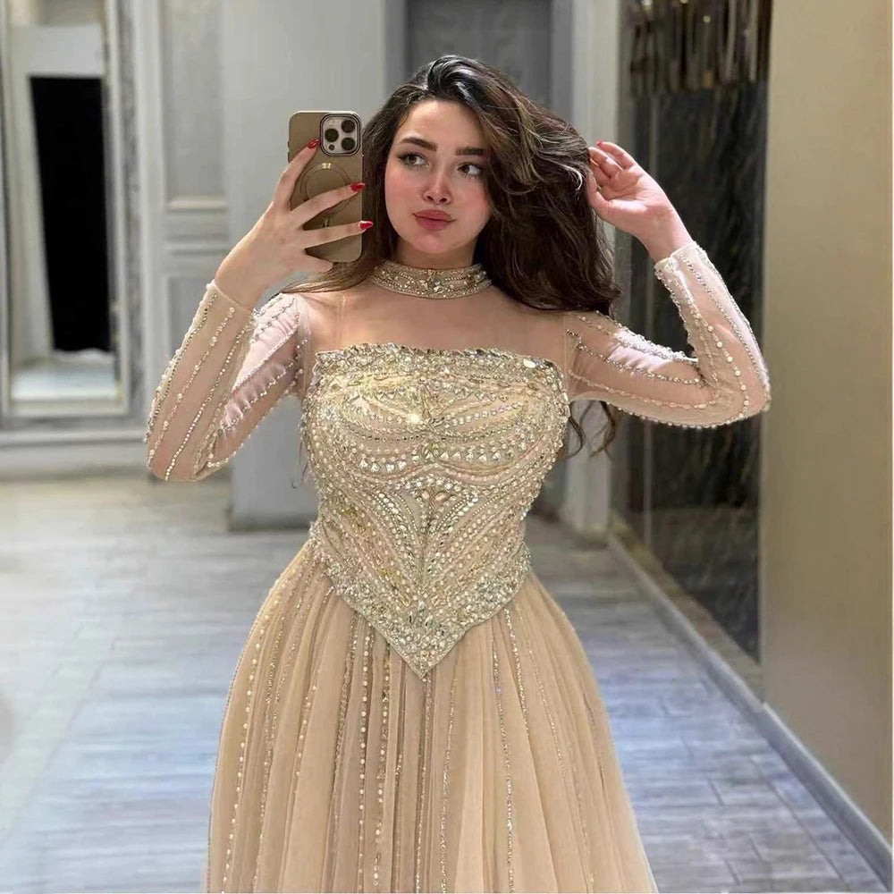 Luxury Nude Crystal Beaded A Line Long Sleeve Evening Dress LA73192 - SERENE HILL
