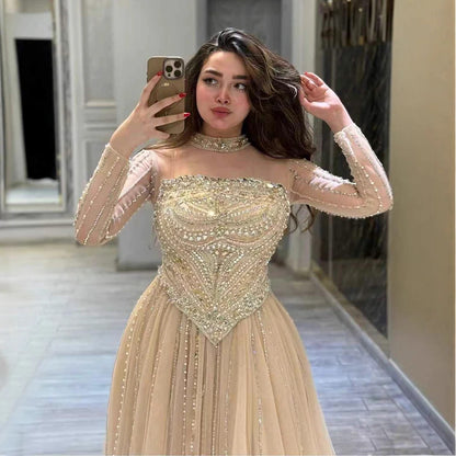 Luxury Nude Crystal Beaded A Line Long Sleeve Evening Dress LA73192 - SERENE HILL