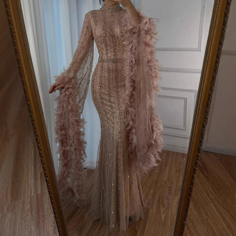 Elegant Rose Gold Evening Dress Featuring Feathered Cape Sleeves LA729 SERENE HILL Elegant Rose Gold Evening Dress Featuring Feathered Cape Sleeves LA729 SERENE HILL
