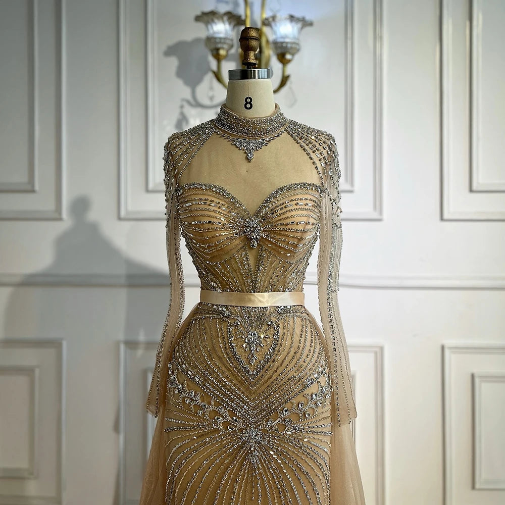 Luxury Nude Modest Beaded Evening Dress Long Sleeves With Overskirt LA72990 - SERENE HILL