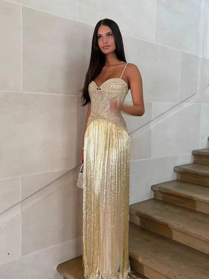 Luxury Arabic Gold Mermaid Beaded Tassel Evening Dress LA73446 - SERENE HILL
