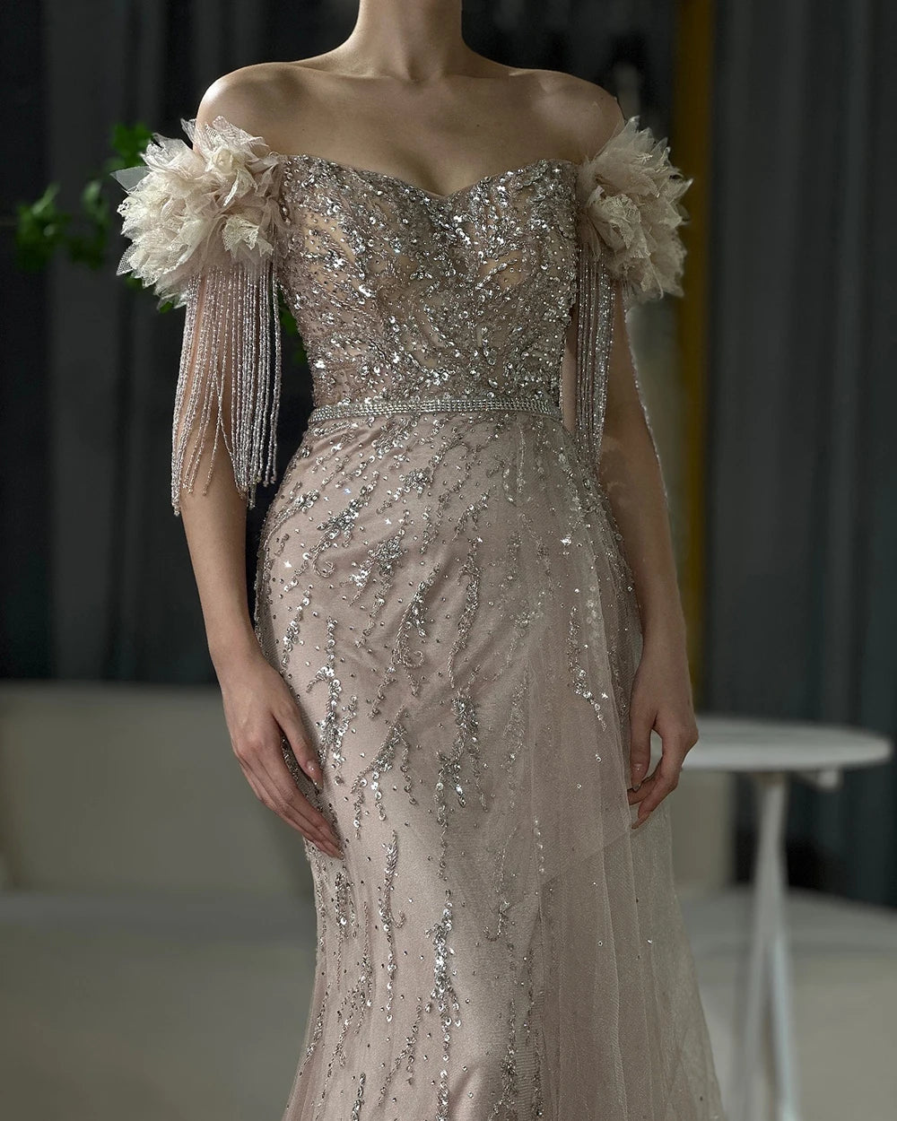 Serene Hill Arabic Dubai Nude Mermaid Luxury Evening Dresses Gowns Boat Neck Beaded Tassel For Women Wedding Party 2025 LA72260 - SERENE HILL