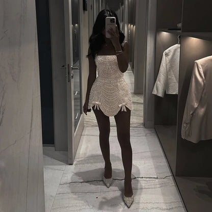 Luxury Nude Pearl Beaded A-Line Mini Evening Dress LA73211 - SERENE HILL