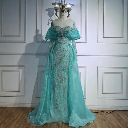 Luxury Blue Designer Evening Dress with Long Sleeves Overskirt LA72841 - SERENE HILL