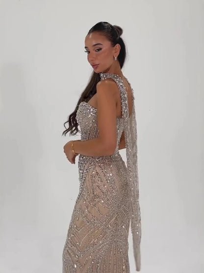 Luxury Nude Crystal Beaded Mermaid Evening Dress LA73375 - SERENE HILL