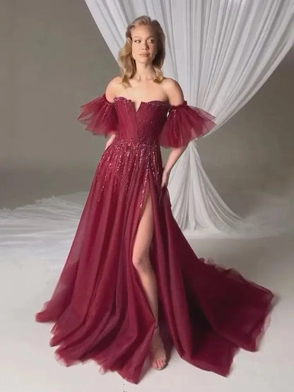 Wine Red A-Line High Slit Evening Gown with Detachable Short Sleeves LA72938 - SERENE HILL