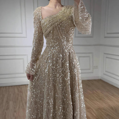 Luxury Turquoise Beaded A-Line Evening Dress with Puffy Sleeves LA73177 - SERENE HILL