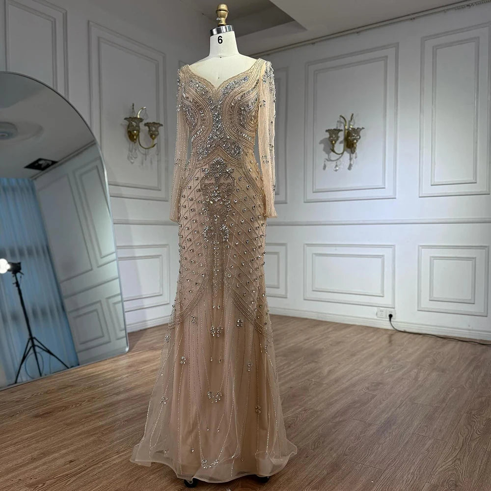 Luxury Nude Long Sleeve Beaded Mermaid Evening Dress LA73155 - SERENE HILL