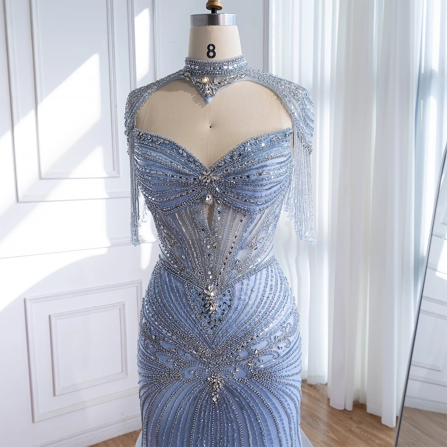 Luxury Dubai Beaded Blue Pink Evening Dress with Tassel Cape LA72897B - SERENE HILL