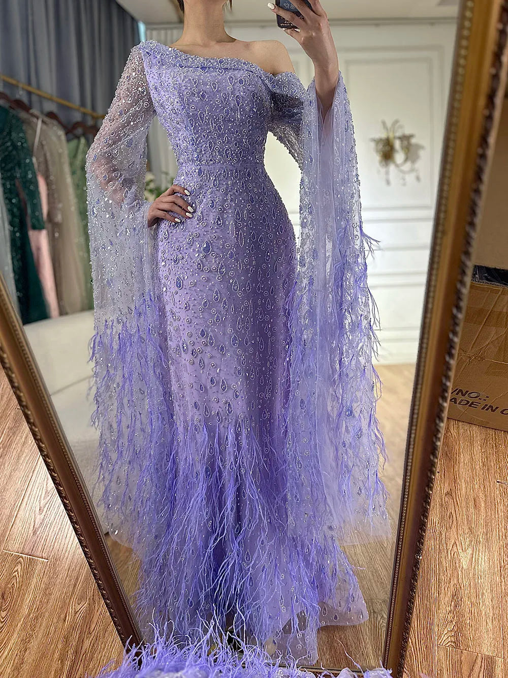 serene hill luxury lilac designer evening dress with feather cape 
