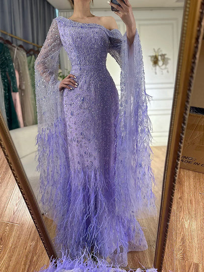 Luxury Feather One Shoulder Evening Dress with Cape Sleeves LA72763 - SERENE HILL