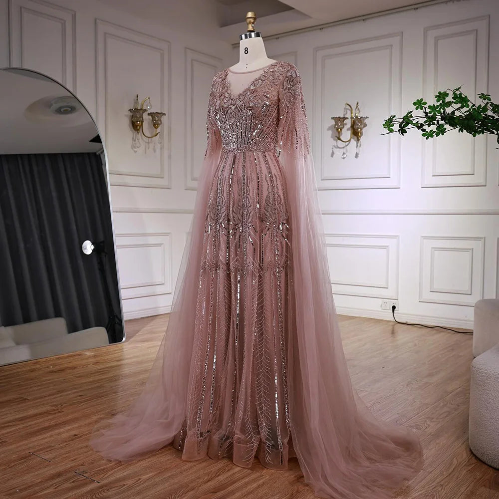 Elegant Beaded A-Line Evening Dress with Cape Sleeves LA73056 Blue / 14 Elegant Beaded A-Line Evening Dress with Cape Sleeves LA73056 Blue / 14