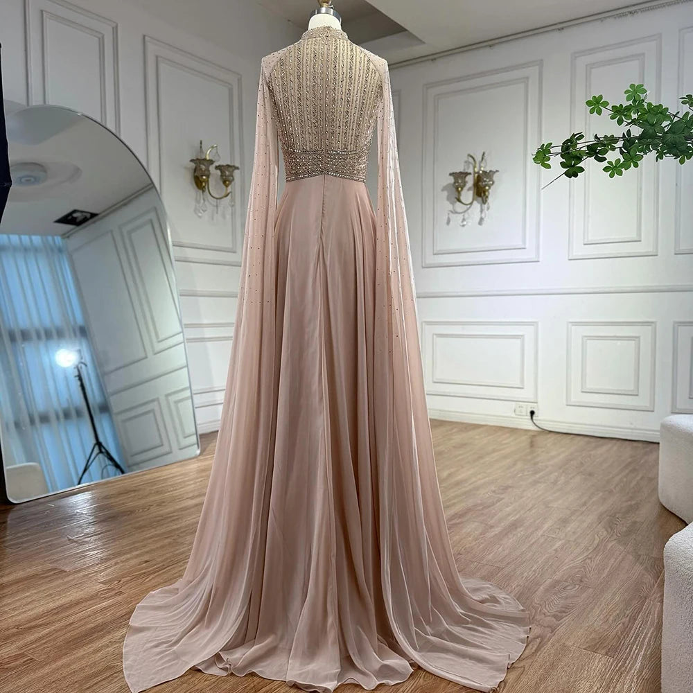Luxury Nude Chiffon Beaded Evening Dress with Cape LA73144 - SERENE HILL