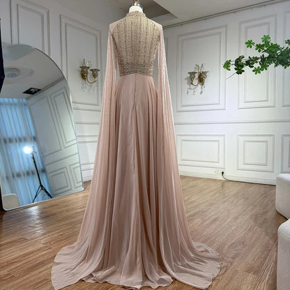 Luxury Nude Chiffon Beaded Evening Dress with Cape LA73144 - SERENE HILL