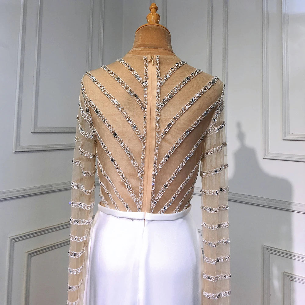 White Long Sleeves Mermaid Split Evening Dresses Design 2025 Beaded Luxury Elegant For Women Party Serene Hill LA71531 - SERENE HILL