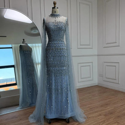 Luxury Nude Beaded Evening Dress with Long Cape Sleeves LA72714A - SERENE HILL