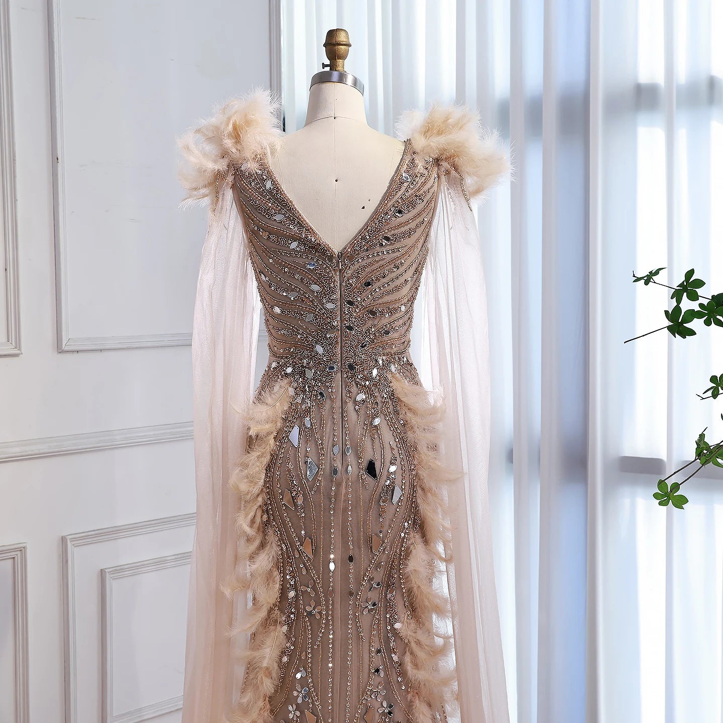 Luxury Caramel Feather Mirror Beaded Mermaid Evening Dress With Cape LA73328 - SERENE HILL