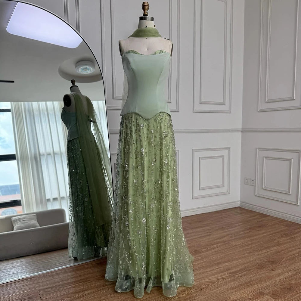 Luxury Sage Green and Pink Arabic Beaded Evening Dress LA72805D - SERENE HILL