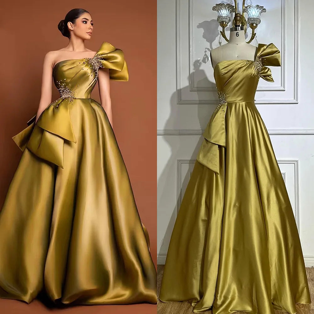 Luxury Yellow Satin One Shoulder A Line Evening Dress LA72794 - SERENE HILL