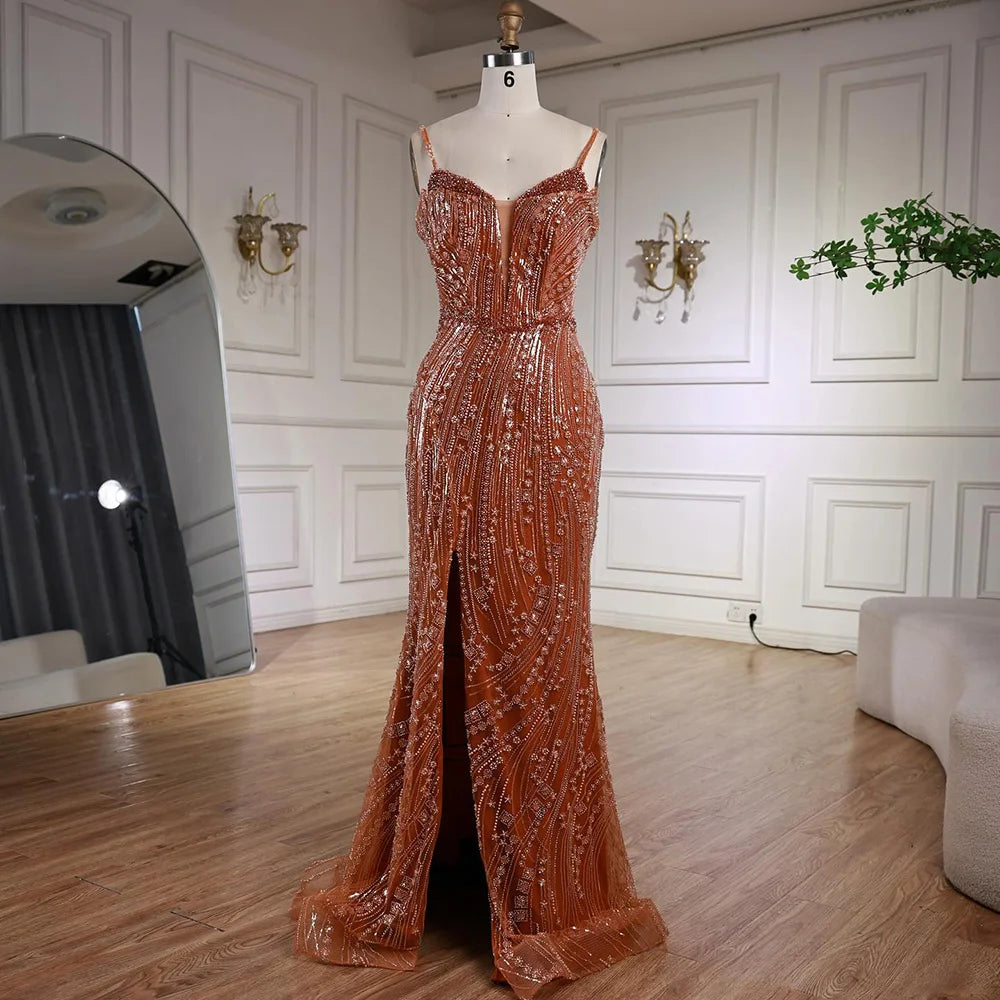 Orange Beaded Evening Dress with Slit Spaghetti Straps LA72542 - SERENE HILL