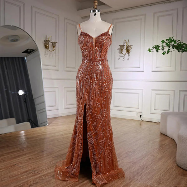 Orange Beaded Evening Dress with Slit Spaghetti Straps LA72542