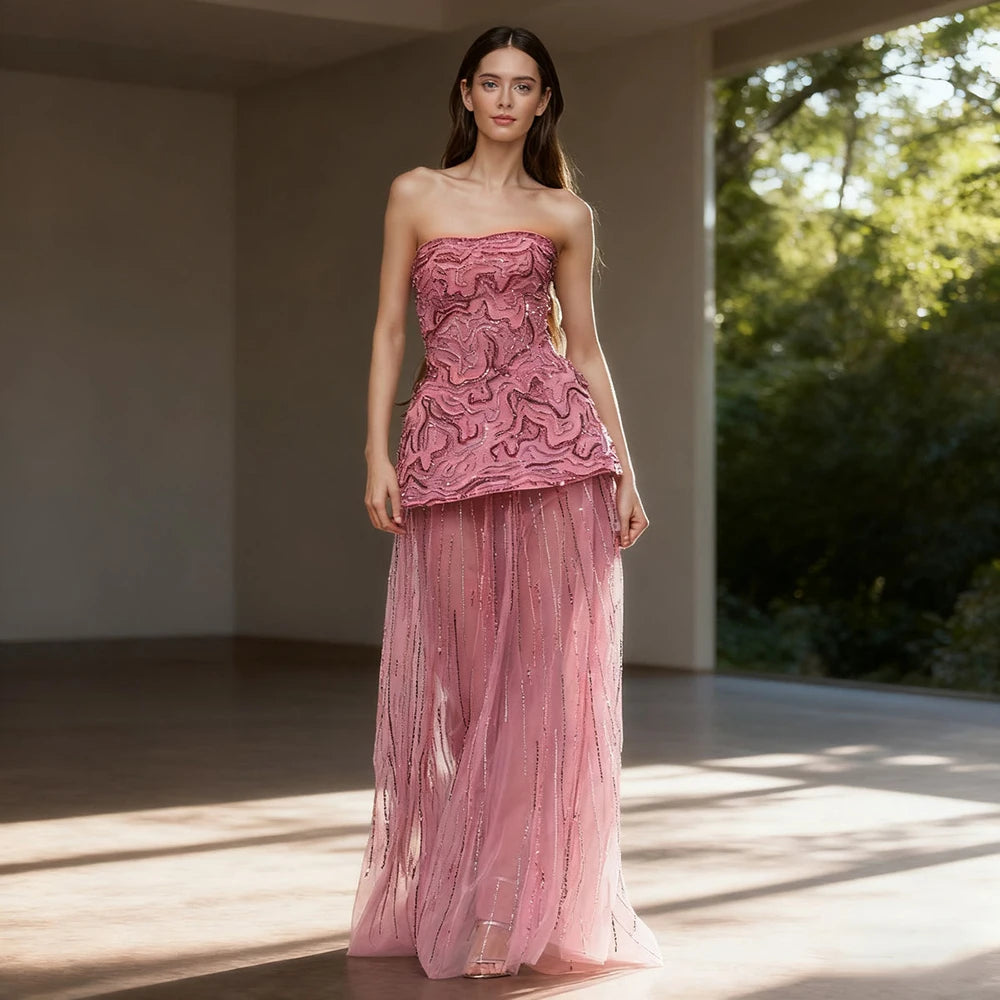 Luxury Pink Two Piece Crystal Sequin Evening Gown LA73207 - SERENE HILL