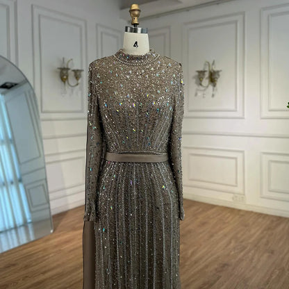 Modest Luxury Caramel Beaded Long Sleeve Evening Dress LA72569A - SERENE HILL