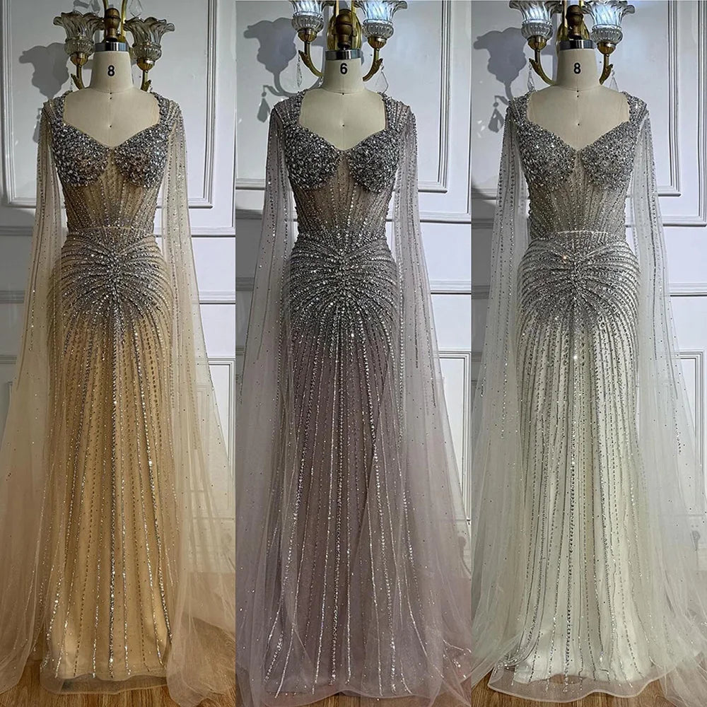 Luxury Nude Beaded Evening Dress with Cape Sleeves LA72575C - SERENE HILL