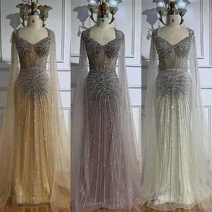 Luxury Nude Beaded Evening Dress with Cape Sleeves LA72575C - SERENE HILL