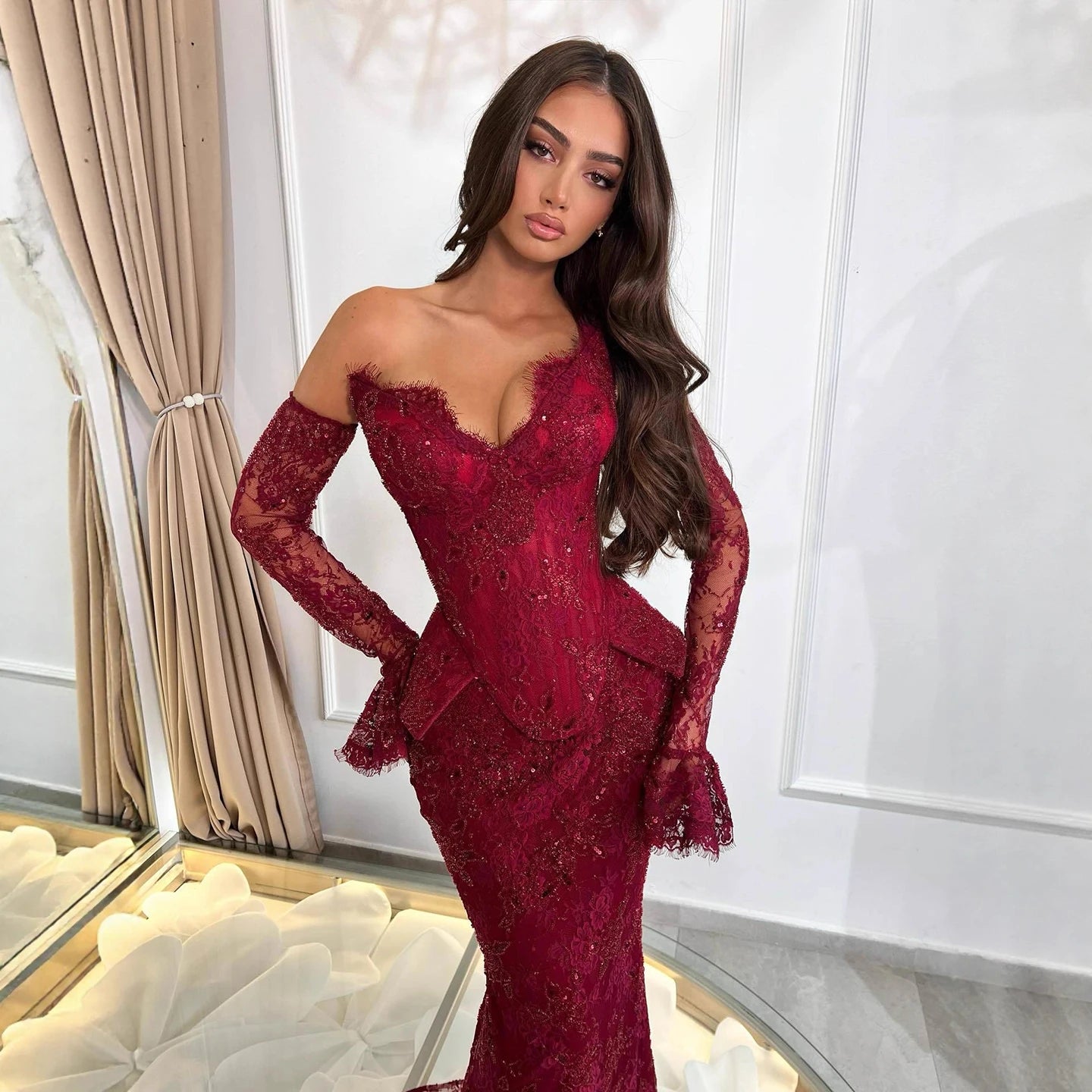 Luxury Wine Red Lace Beaded Mermaid Evening Dress LA73341 - SERENE HILL