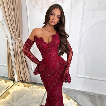 Luxury Wine Red Lace Beaded Mermaid Evening Dress LA73341 - SERENE HILL