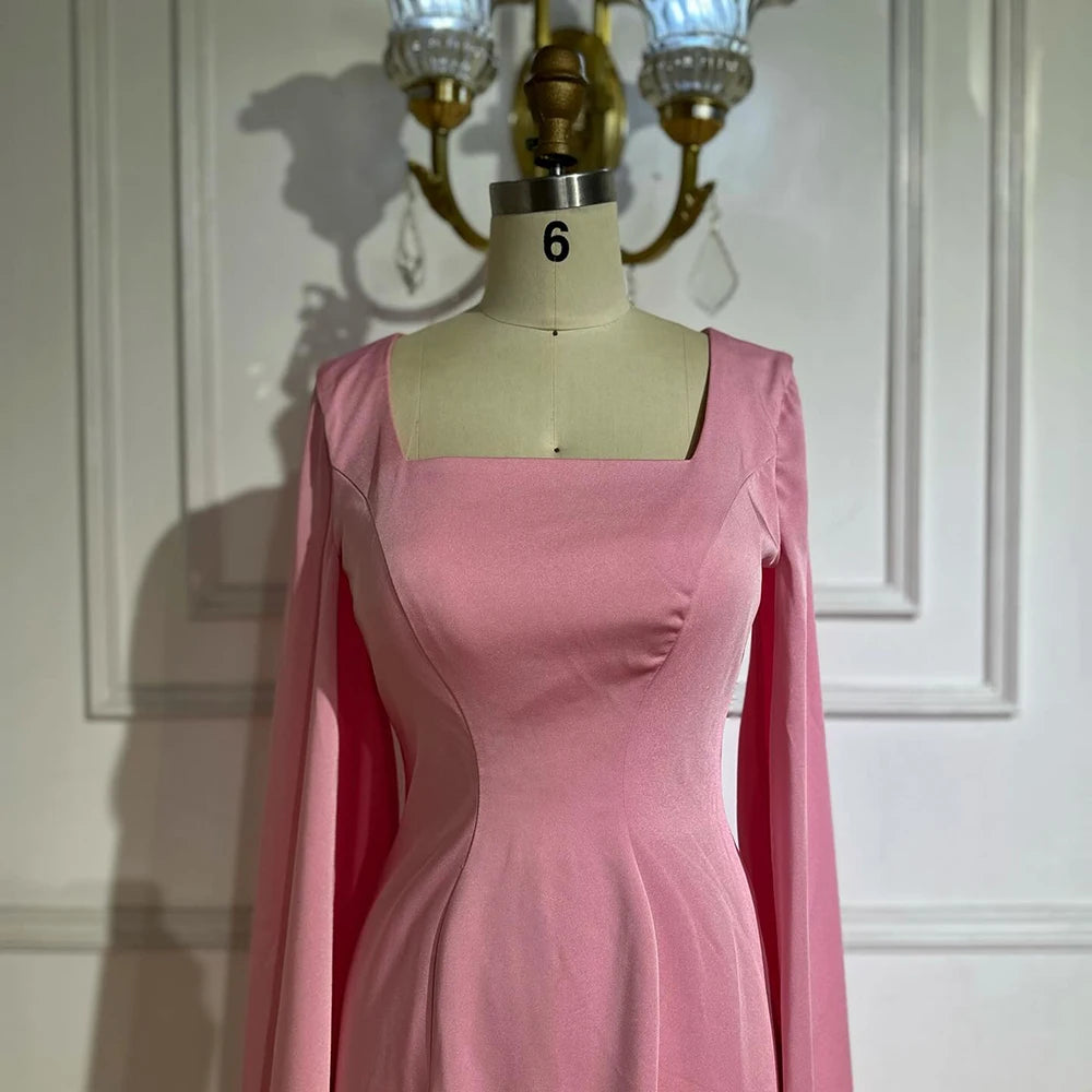 Luxury Arabic Pink Mermaid Evening Dress with Feather Cape LA72855 - SERENE HILL