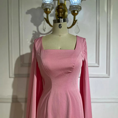 Luxury Arabic Pink Mermaid Evening Dress with Feather Cape LA72855 - SERENE HILL