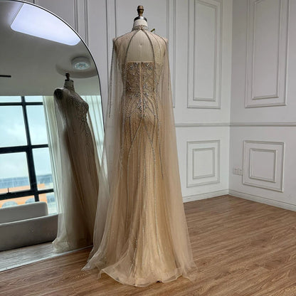 Luxury Turquoise Beaded Cape Sleeve Saudi Arabic Evening Dress LA73136A - SERENE HILL