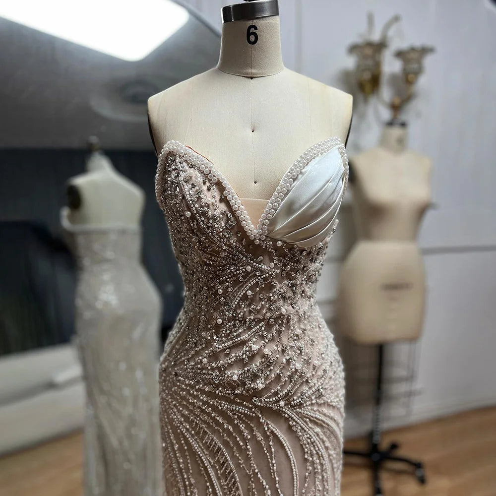 Luxury Dubai Arabic White Nude Mermaid Gown Pearls Beaded Luxury Saudi Evening Dress for Formal Occasion LA72712 - SERENE HILL
