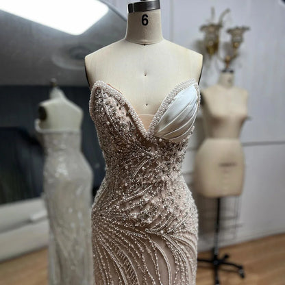 Luxury Dubai Arabic White Nude Mermaid Gown Pearls Beaded Luxury Saudi Evening Dress for Formal Occasion LA72712 - SERENE HILL