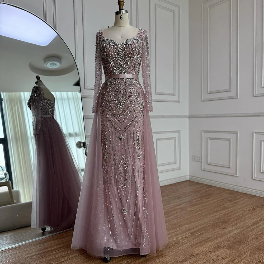 Luxury Nude Beaded Mermaid Evening Dress with Overskirt LA73190 - SERENE HILL