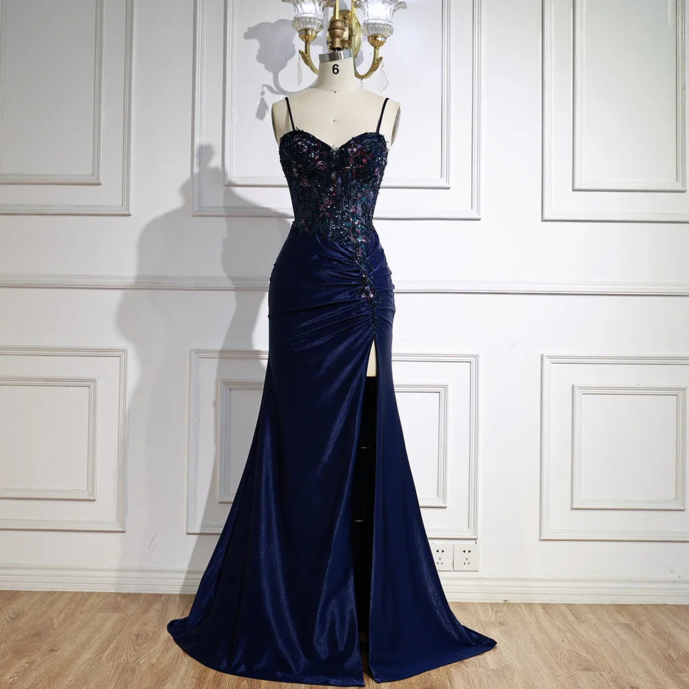 Classy Navy Satin Prom Dress with Lace Beaded and Slit LA73003 - SERENE HILL