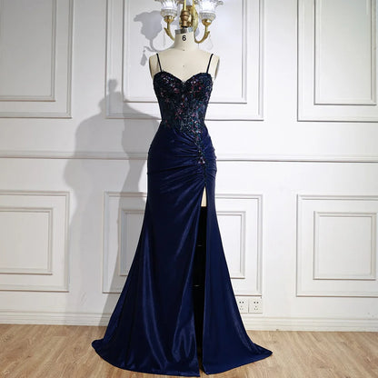 Classy Navy Satin Prom Dress with Lace Beaded and Slit LA73003 - SERENE HILL