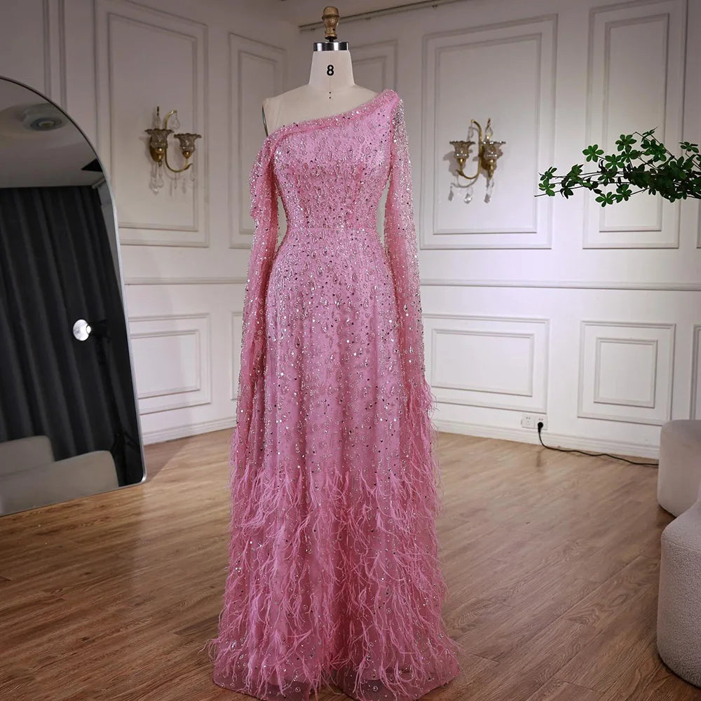 serene hill luxury pink designer evening dress with feather cape 