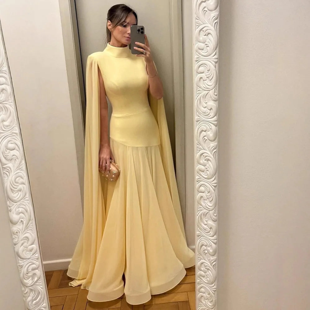 Luxury Yellow High Neck A-Line Evening Dress with Cape Sleeves LA73097 - SERENE HILL
