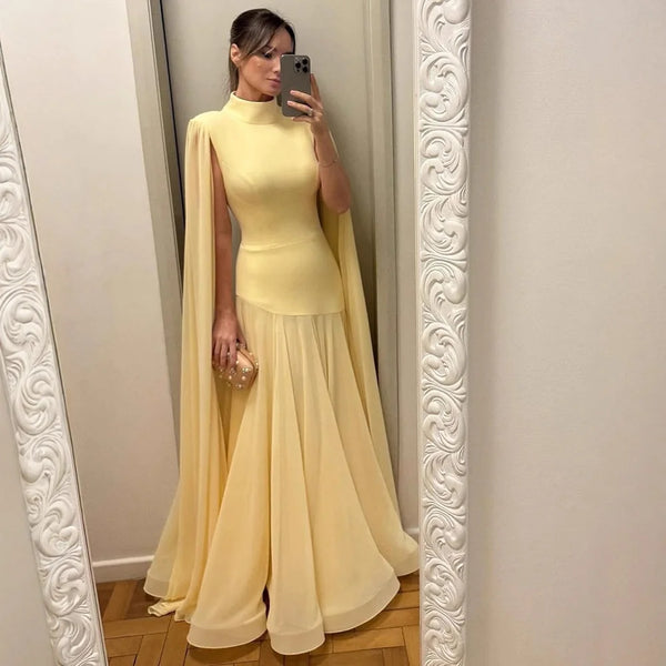Luxury Yellow High Neck A-Line Evening Dress with Cape Sleeves LA73097