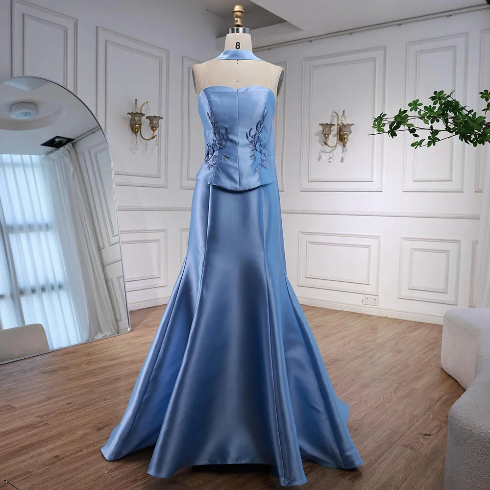 Luxury Blue Satin Mermaid Evening Dress with Long Scarf LA72831 - SERENE HILL